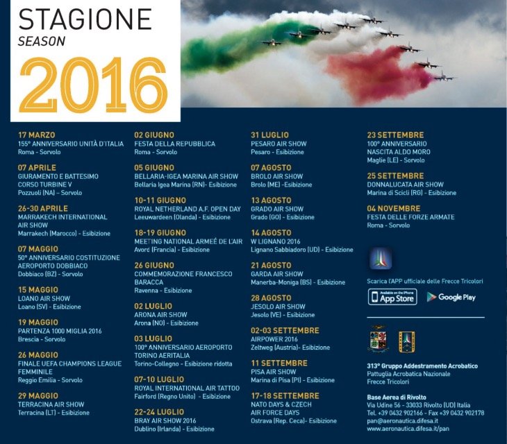 Frecce Tricolori 2016 - Calendario Esibizioni e Air Show